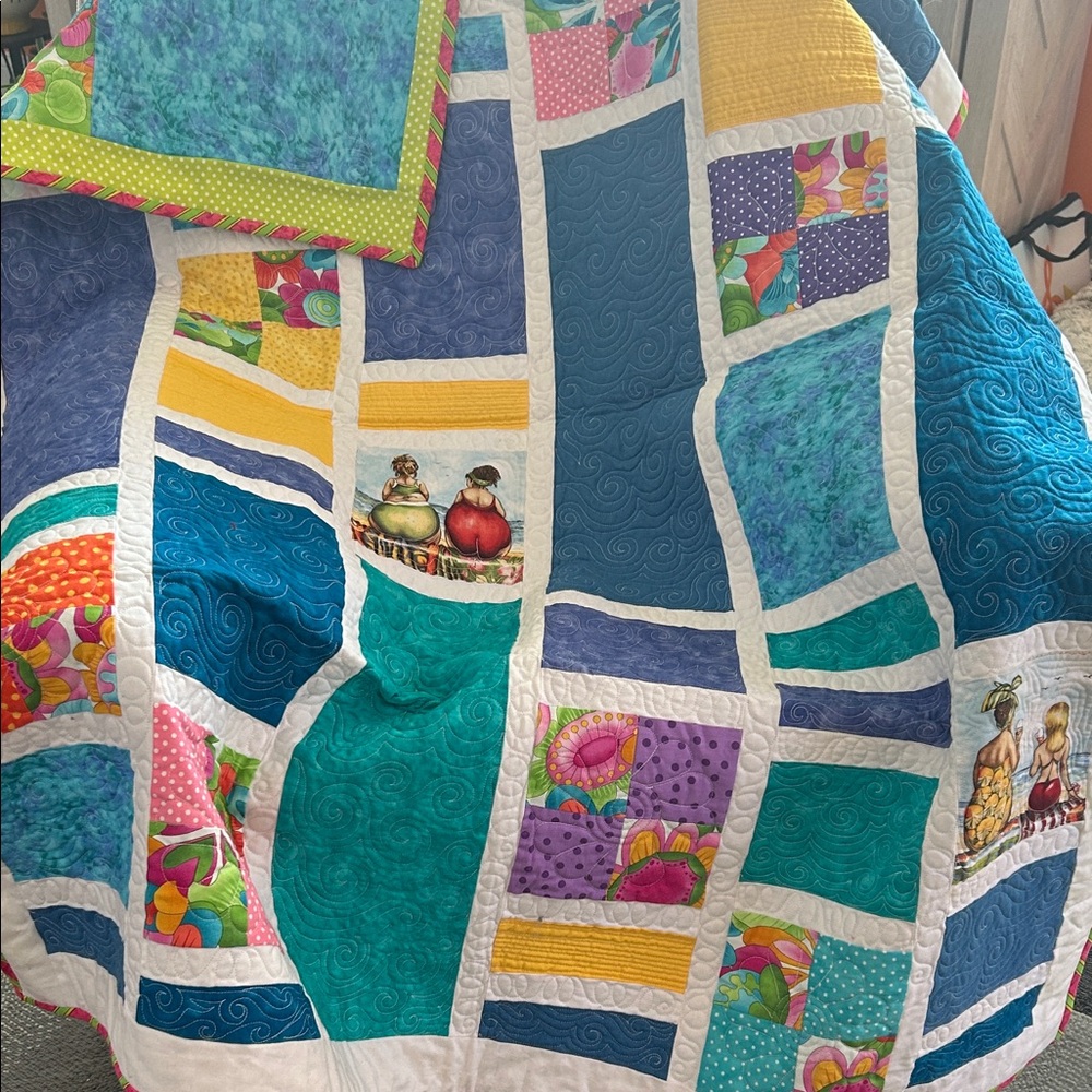 Colorblock Teal Patchwork Quilt with Multicolor